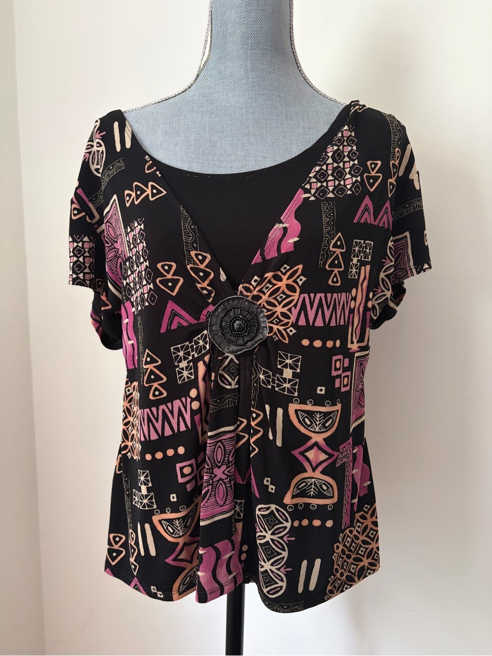 Vintage Black Multi-Pattern Slinky Layered V-Neck Top with Front Brooch